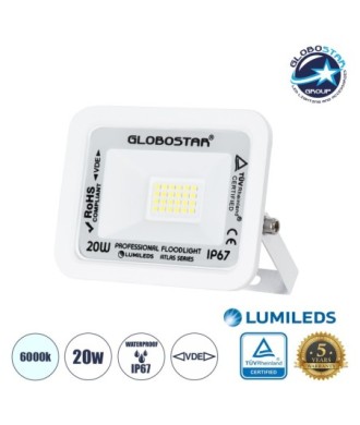 GLOBOSTAR® ATLAS 61407 Προβολέας LED 20W 2500lm 120° AC 220-240V Αδιάβροχο IP67 Ψυχρό Λευκό 6000K - Lumileds SMD Chip - TÜV Rheinland Certified - Λευκό Ματ - Μ12 x Π2.5 x Υ9.5cm - 5 Χρόνια Εγγύηση